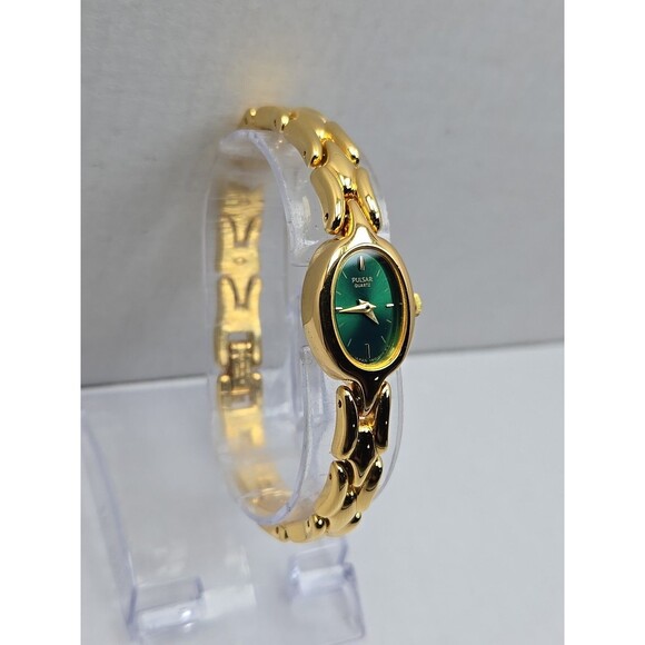 Vintage Pulsar V810 6410 Green Dial Gold Tone Womens Quartz Watch New Battery - Picture 3 of 11